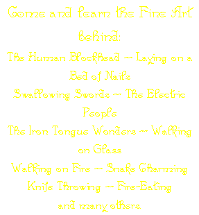 Come and learn the Fine Art behind:
The Human Blockhead -- 
Laying on a Bed of Nails --
Swallowing Swords -- 
The Electric People --
The Iron Tongue Wonders -- 
Walking on Glass -- 
Walking on Fire -- 
Snake Charming --
Knife Throwing -- 
Fire-Eating --
and many others.